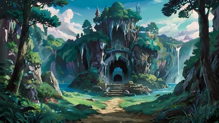 ゲーム背景　ジャングル奥の隠しダンジョン岩山入口風景