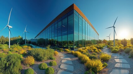 Sustainable Eco-Center at Sunrise: Glass building, wind turbines, vibrant landscaping.