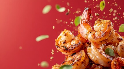 Commercial photo of grilled shrimps falling onto a plate against a red background. Crispy grilled shrimps under studio lights.