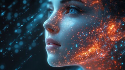 Cosmic Radiance: A woman's face glows with ethereal, fiery particles.