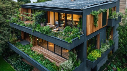 Sustainable Living: Eco-Friendly House with Rooftop Solar Panels and Lush Greenery.