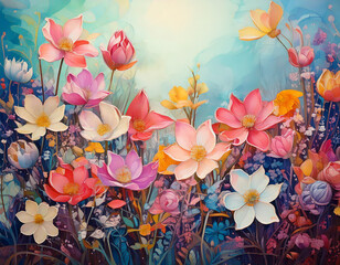 Pastel Blooms in a Whimsical Garden Scene