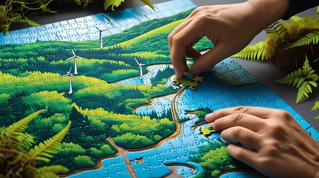 Hands Assembling Eco-Themed Puzzle Featuring Lush Green Landscapes, Blue Rivers, and Wind Turbines | Promoting Sustainability, Renewable Energy, and Environmental Awareness through Creative Activities
