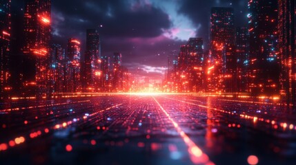 Fototapeta premium Cyberpunk City: Glowing Towers Illuminate Night
