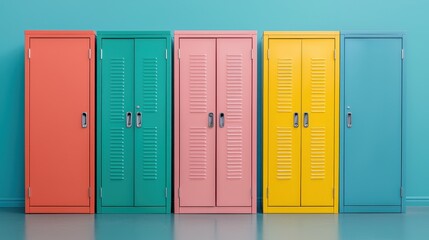 Naklejka premium Colorful Metal Lockers in a Modern Minimalist Interior Space
