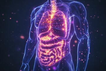3D digital illustration of human anatomy with glowing particles, highlighting the complex systems within the body.