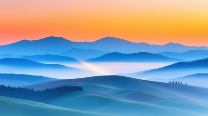 Fototapeta premium Serene Landscape with Soft Hills and Mountains at Sunset Glow