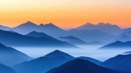 Fototapeta premium Serene Mountain Landscape at Sunrise with Soft Mist and Gradients