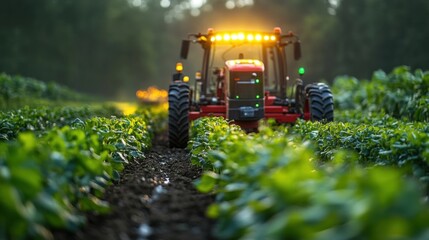 Fototapeta premium Red tractor moves through lush green field at sunset, creating a picturesque farming scene.