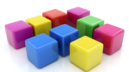 Colorful Cubes Arrangement: A vibrant display of glossy cubes in various colors, arranged in a visually appealing pattern against a stark white background.