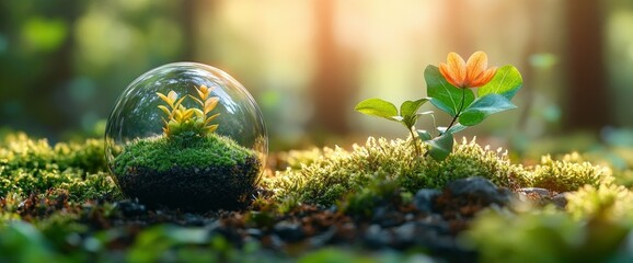 Fragile Ecosystem Miniature World in a Glass Globe and Blooming Wildflower