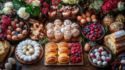 Fototapeta premium Festive Easter table with baked goods, eggs, and berries.