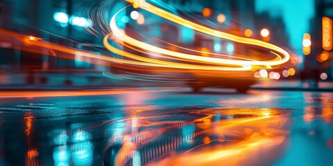 Long Exposure Night Lights with Car Trails on Wet Asphalt in Urban Environment