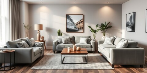 Fototapeta premium Modern living room interior with cozy sofa, coffee table, and decorative accents, sofa, cozy