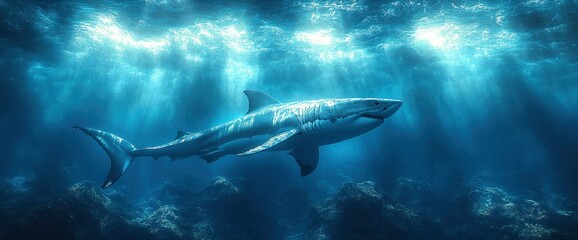 Fototapeta premium Majestic Great White Shark Underwater in Sunlit Ocean Depths