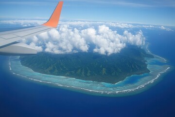 Obraz premium Aerial view of a tropical island, vibrant turquoise waters, lush green mountains, and fluffy white clouds. Perfect for travel, tourism, and vacation themes.