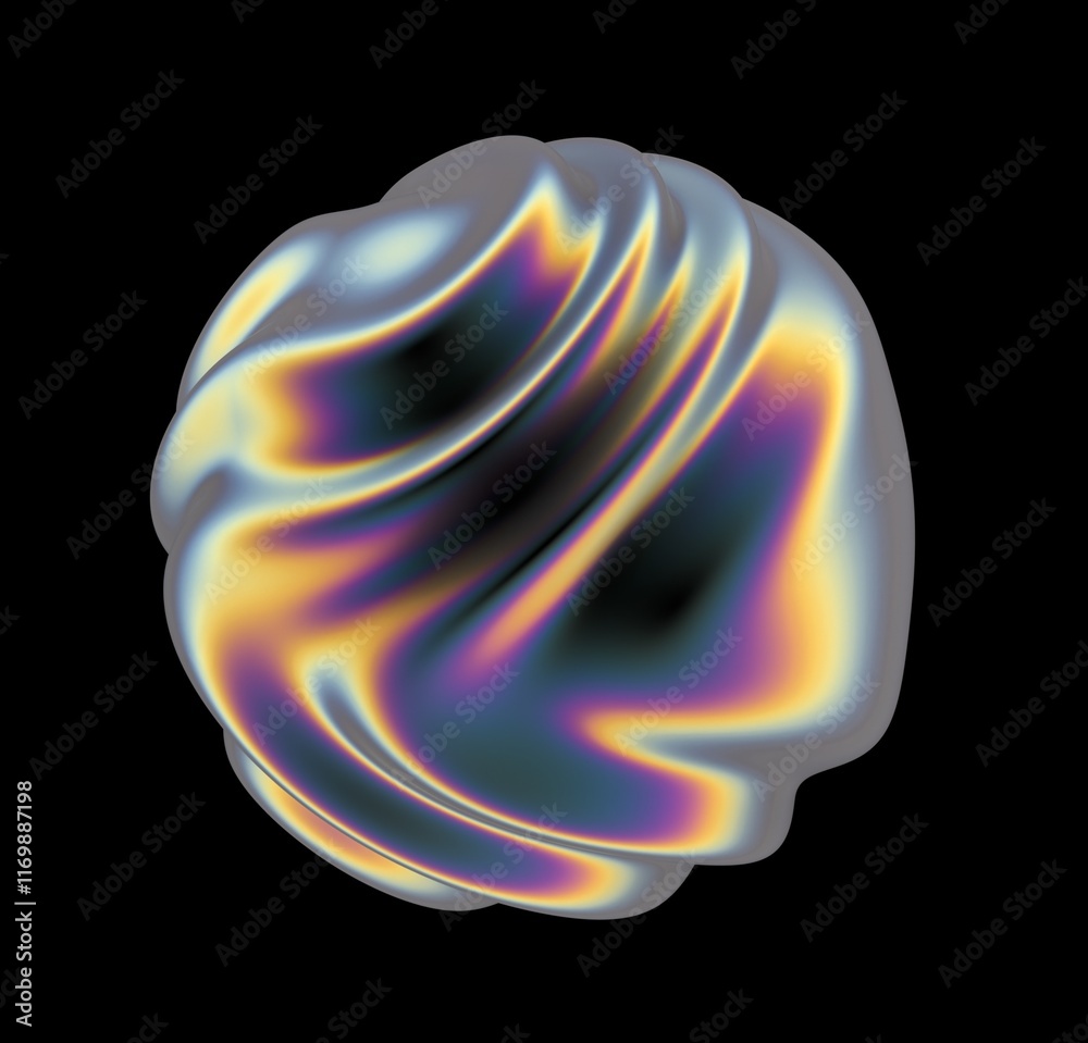 Poster holographic glossy sphere with ripples and distortions on the surface with rainbow iridescences. abs