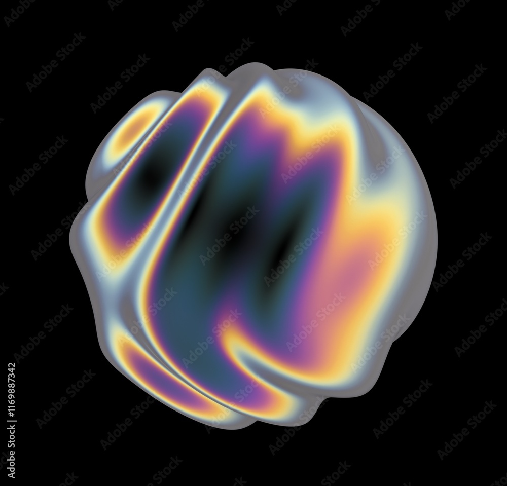 Poster holographic glossy sphere with ripples and distortions on the surface with rainbow iridescences. abs