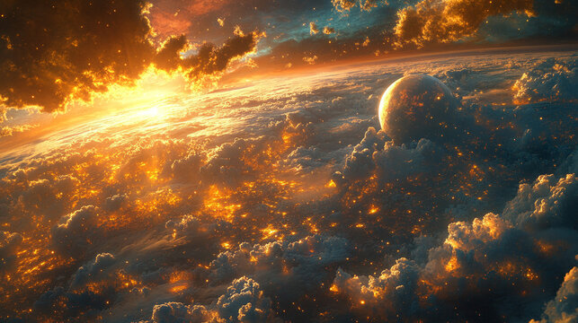 A massive extraterrestrial planet looms in the vast cosmos sky, symbolizing chaos, mystery, and the unknown forces that govern the universe, captivating the imagination of all who gaze upon it

