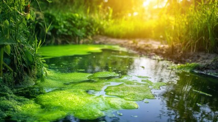 Vibrant Algae Blooms in Clear Waterway at Sunset