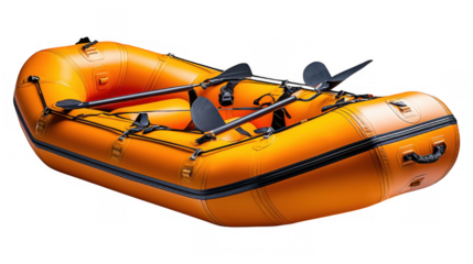 [smallinflatableboat] Inflatable Orange Pontoon Boat Floating On Calm Waters With Motor