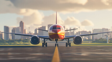 Airplane on runway with city skyline in background, showcasing vibrant sunset. scene captures essence of travel and adventure, evoking excitement and anticipation