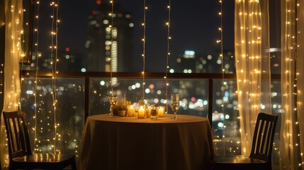 Rooftop Terrace with Candles and String Lights for Celebration
