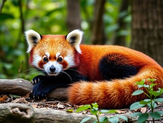 Naklejka premium Bright and playful red panda resting in a forested habitat
