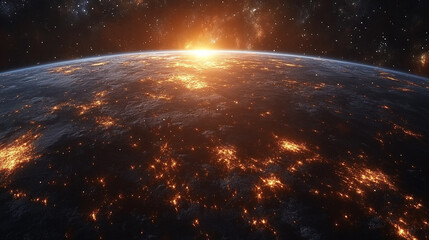 A massive extraterrestrial planet looms in the vast cosmos sky, symbolizing chaos, mystery, and the unknown forces that govern the universe, captivating the imagination of all who gaze upon it

