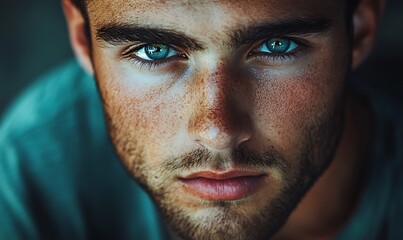 Obraz premium Close-up portrait of a young man with intense blue eyes and freckles.