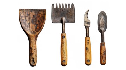 [ Gardening tool collection against dark background] Gardening Tool Set: Symmetrical Composition of Wooden & Metal Tools
