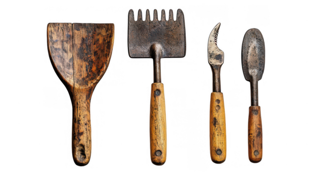 [ Gardening tool collection against dark background] Gardening Tool Set: Symmetrical Composition of Wooden & Metal Tools