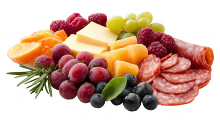 [Charcuterie board fruit display] Healthy Colorful Fruit and Cheese Board Arrange with Fresh Berries, Grapes and Sliced Meats