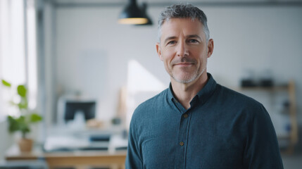 Obraz premium confident middle aged man in casual shirt stands in modern office, exuding professionalism and approachability. bright workspace features plants and contemporary decor