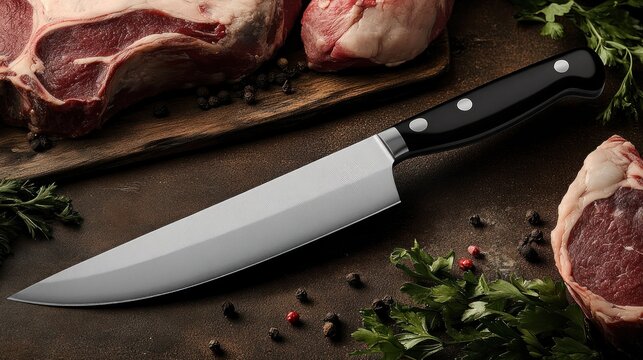 A sharp kitchen knife rests on a wooden board with raw meat, herbs, and spices surrounding it.
