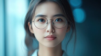 Fototapeta premium confident woman with glasses gazes thoughtfully, showcasing her intelligence and style. Her serene expression and soft lighting create calm atmosphere