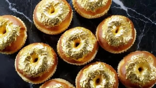 Chocolate gold cronuts with gold-dusted chocolate glaze and metallic highlights, set against black marble with rich textures