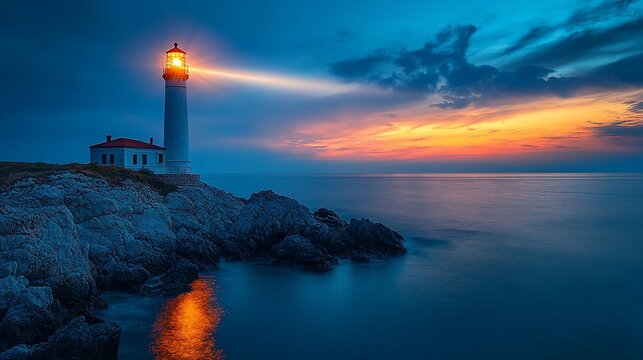 Luminous Lighthouse Beam Across Ocean Sunset