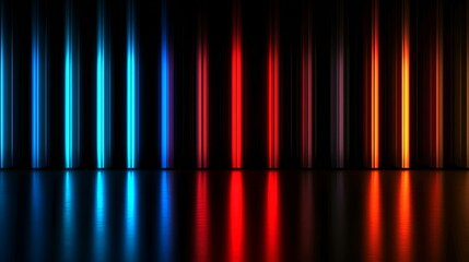 Abstract empty neon background, blue and red glowing lights in a dark room with floor reflections. 