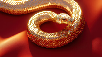Fototapeta premium golden snake body on isolated red background, showcasing its intricate scales and shimmering texture, evokes sense of elegance and allure