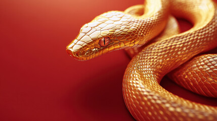 Fototapeta premium golden snake with striking red eyes rests on vibrant red background, showcasing its smooth, shiny scales and elegant curves. image captures snake beauty and allure