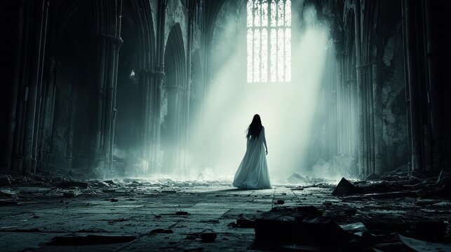 Ghostly apparition haunting an ancient deca standard abandoned cathedral image eerie atmosphere enigmatic perspective
