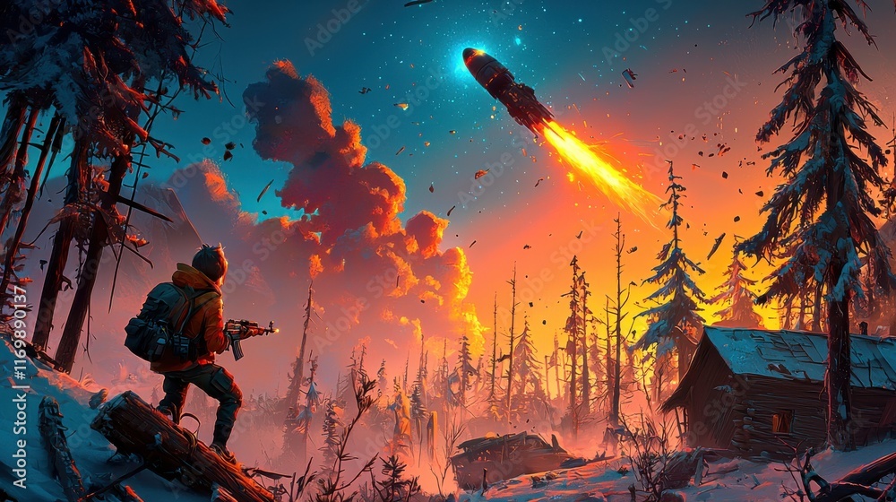 Poster meteoric crash event remote forest digital artwork enchanted wilderness first-person perspective glo
