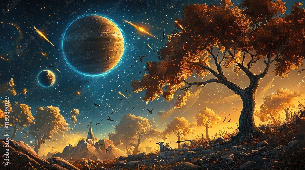 Poster meteoric crash event remote forest visual art natural environment celestial viewpoint glowing impact