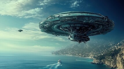 Fototapeta premium Mysterious massive unidentified object hovering over a tranquil ocean sci-fi imagery serene environment aerial perspective extraterrestrial concept