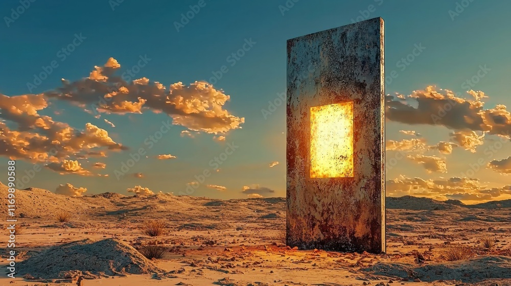 Poster mysterious glowing portal emerges in standard desert landscape a surreal phenomenon captured at suns