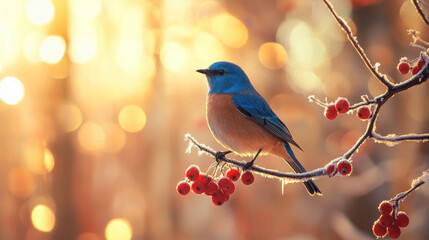 Obraz premium A lively woodland scene of a curious bluebird perched on a frost-tipped branch, surrounded by vibrant red berries and glowing icicles. The background features a soft, blurred forest with golden sunlig