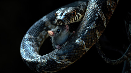 Obraz premium hyper realistic image of constrictor snake interacting with mouse, showcasing intricate details of their textures and expressions. scene evokes sense of nature raw beauty and tension