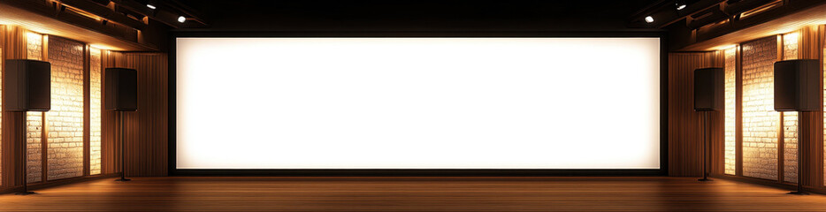 Obraz premium large blank white canvas on wall of empty stage, surrounded by wooden panels and speakers, creating minimalist and modern atmosphere for presentations or performances