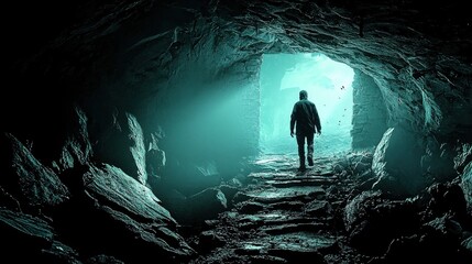 Obraz premium Shadowy creature emerges from dark depths mysterious cave digital art ominous environment first-person perspective captivating creature concept